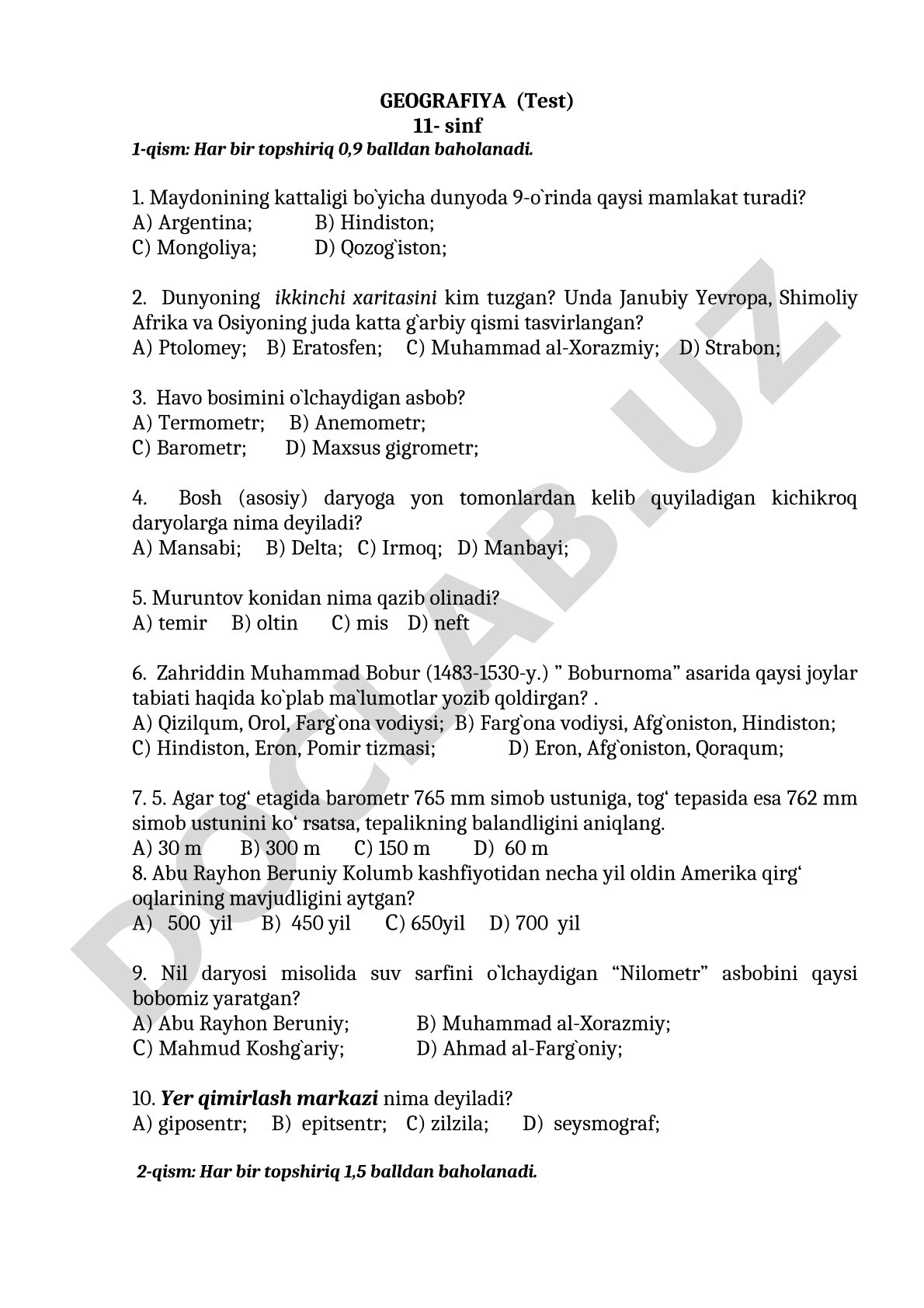 GEOGRAFIYA (Test) 11- sinf 1-qism