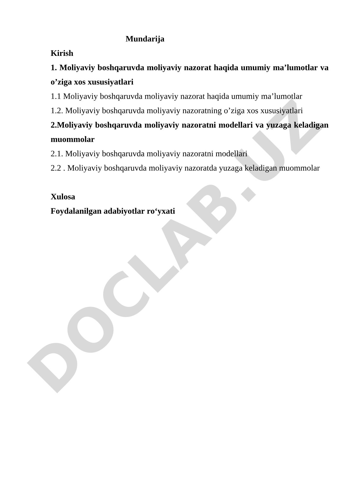 Moliyaviy boshqaruvda moliyaviy nazoratning modellari