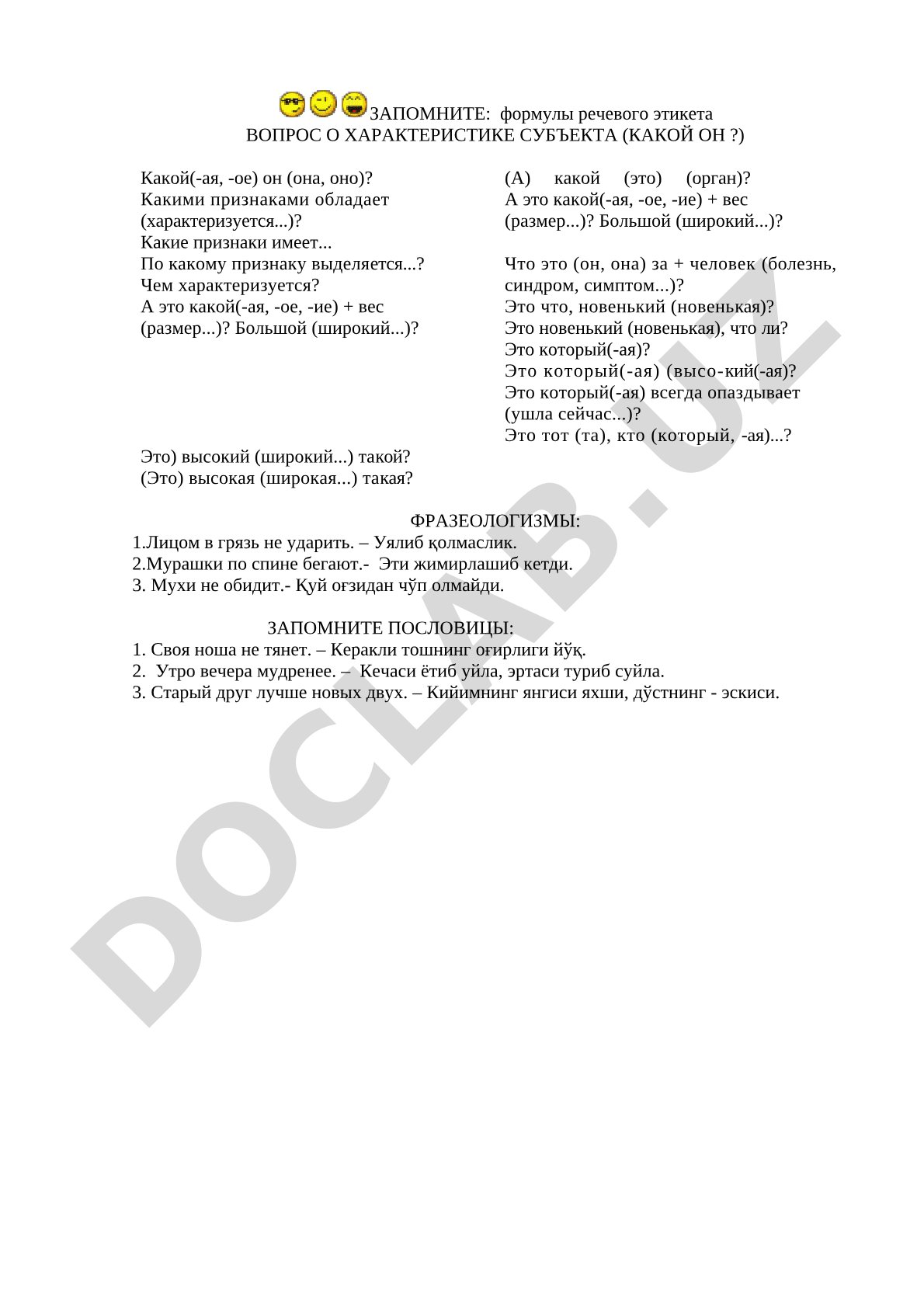 Формулы речевого этикета, фразеологизмы и пословицы