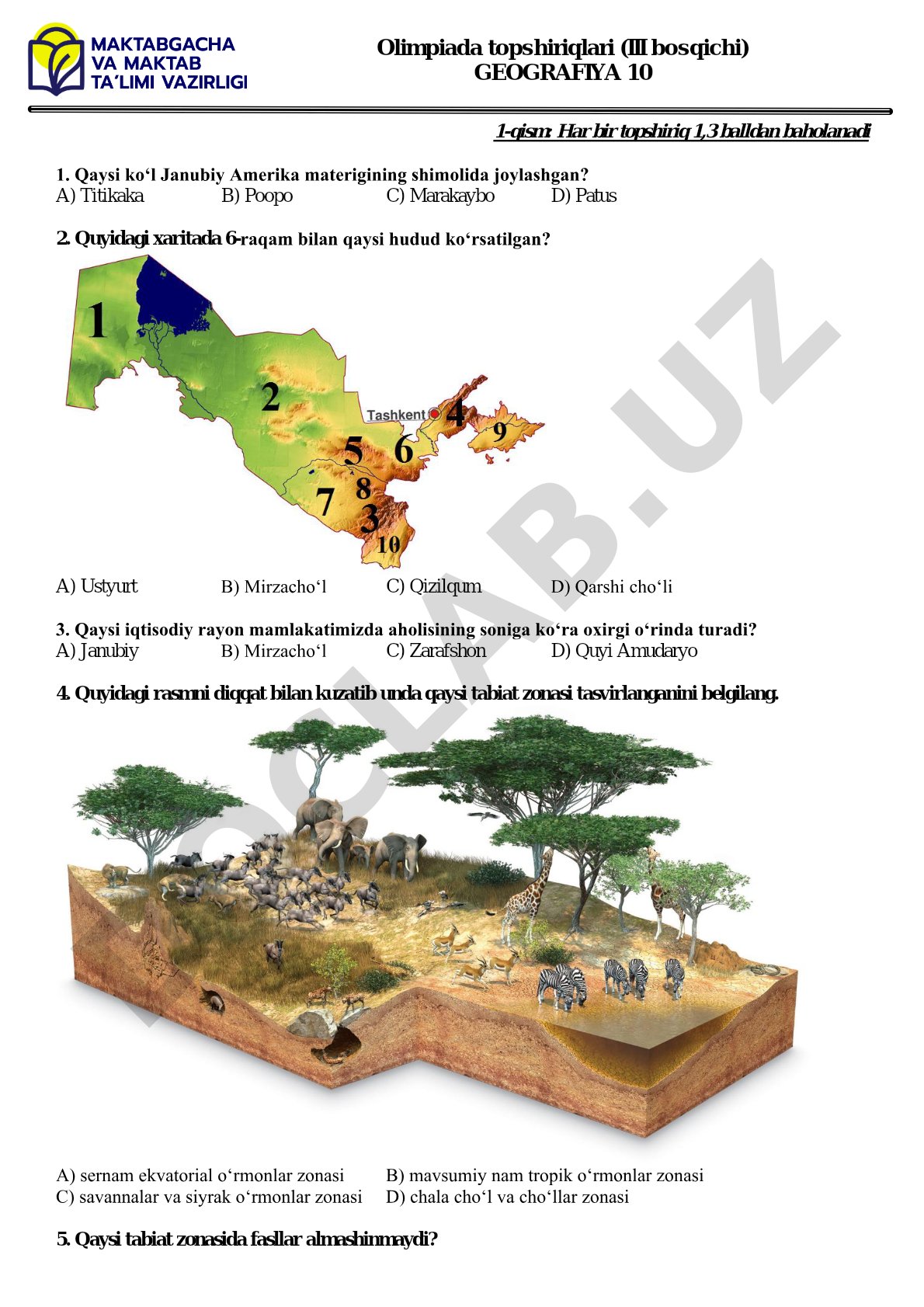 Olimpiada topshiriqlari (III bosqichi) Geografiya 10