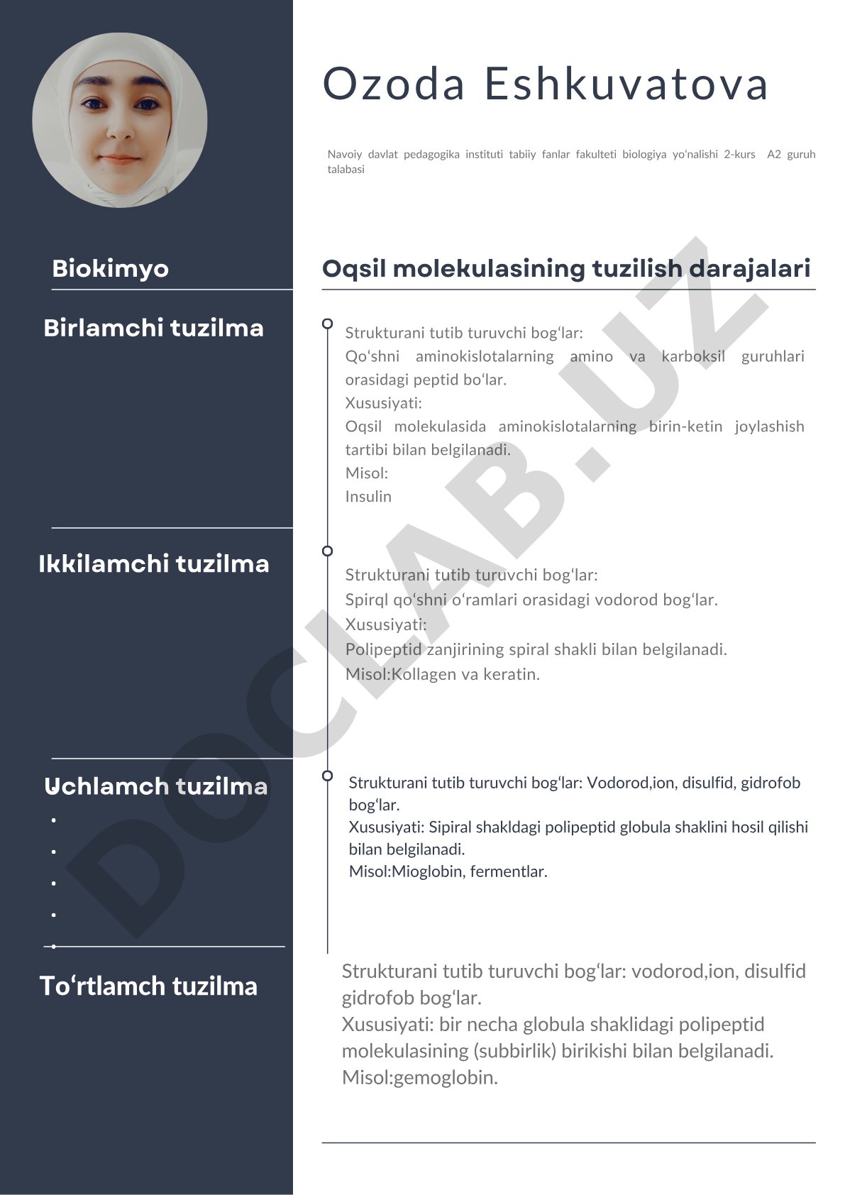 Oqsil molekulasining tuzilish darajalari