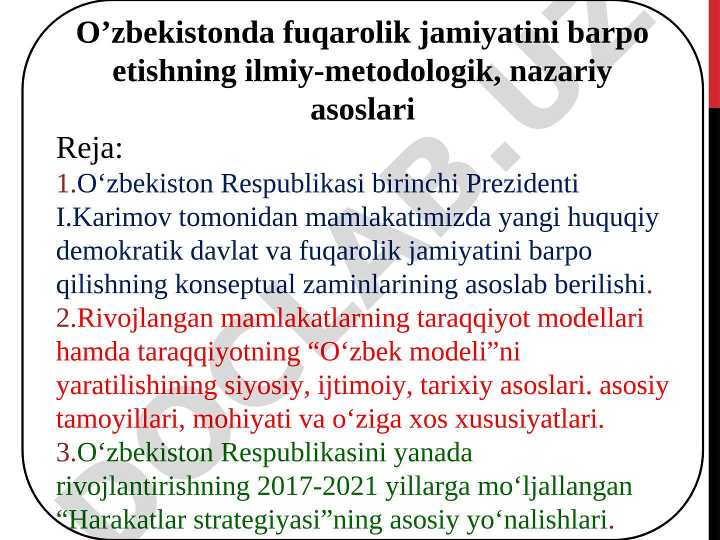 O’zbekistonda fuqarolik jamiyatini barpo etishning ilmiy-metodologik, nazariy asoslari