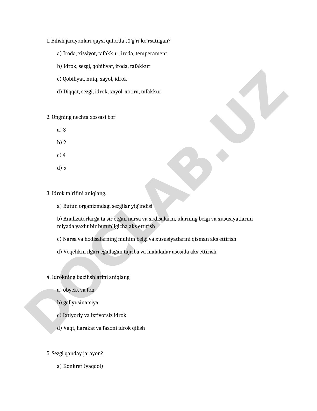 Bilish jarayonlari va psixologiya test savollari