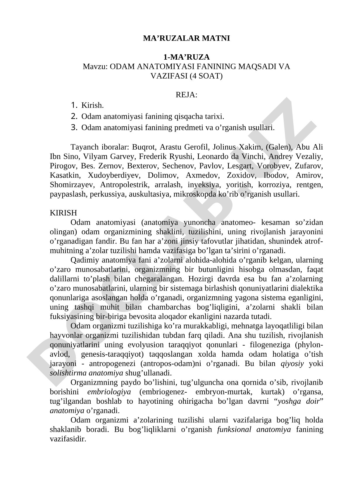ODAM ANATOMIYASI FANINING MAQSADI VA VAZIFASI