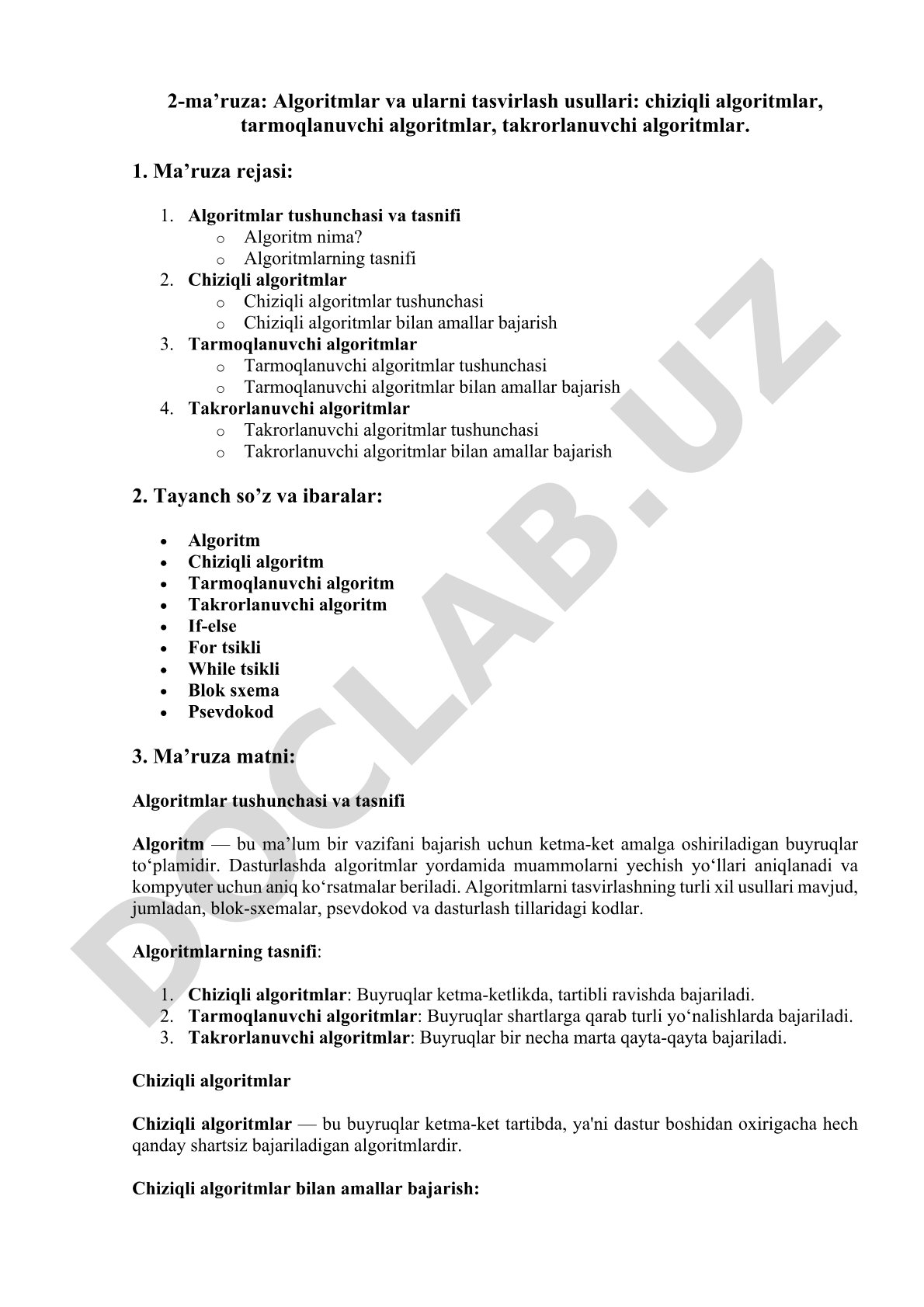 2-ma’ruza: Algoritmlar va ularni tasvirlash usullari: chiziqli algoritmlar, tarmoqlanuvchi algoritml