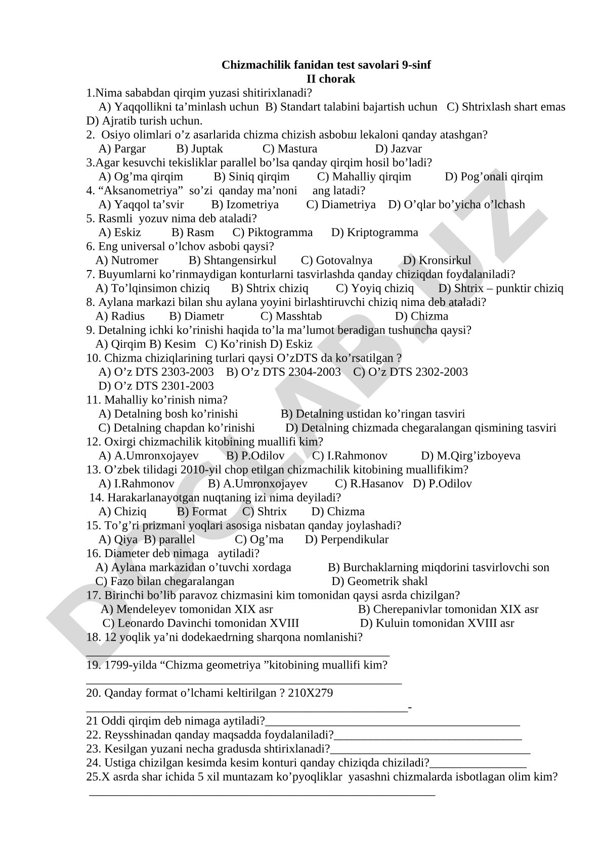 Chizmachilik fanidan test savollari 9-sinf II chorak