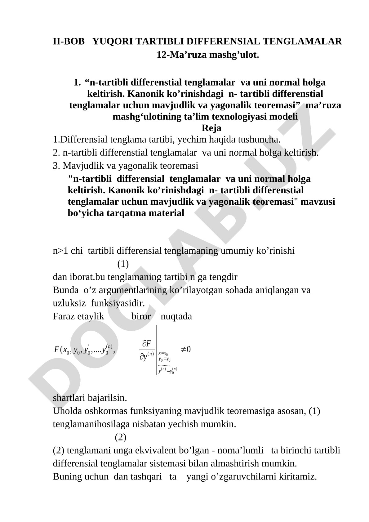 n-tartibli differensial tenglamalar, normal holga keltirish va mavjudlik-yagonalik teoremasi
