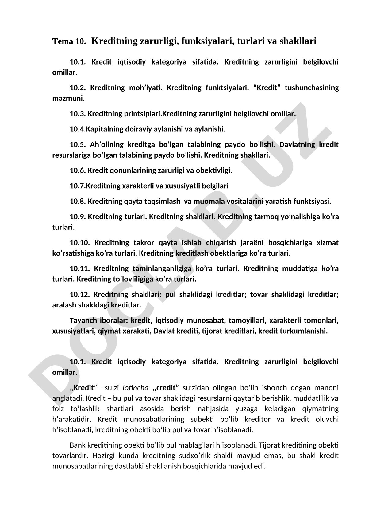 Kreditning zarurligi, funksiyalari, turlari va shakllari
