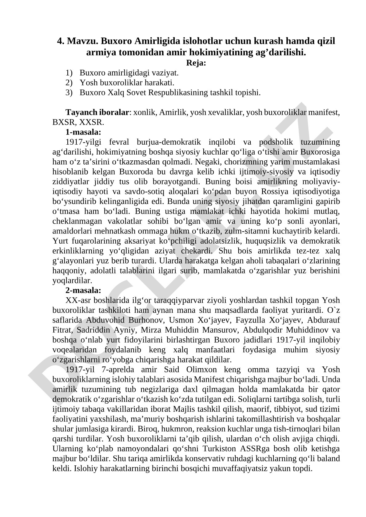 Buxoro Amirligida islohotlar uchun kurash hamda qizil armiya tomonidan amir hokimiyatining ag’darilishi