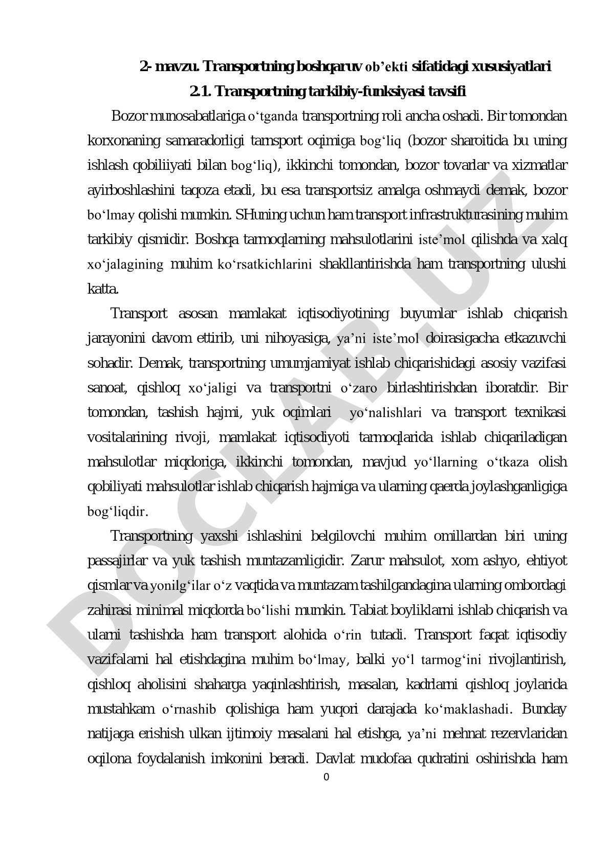 Transportning boshqaruv ob’ekti sifatidagi xususiyatlari