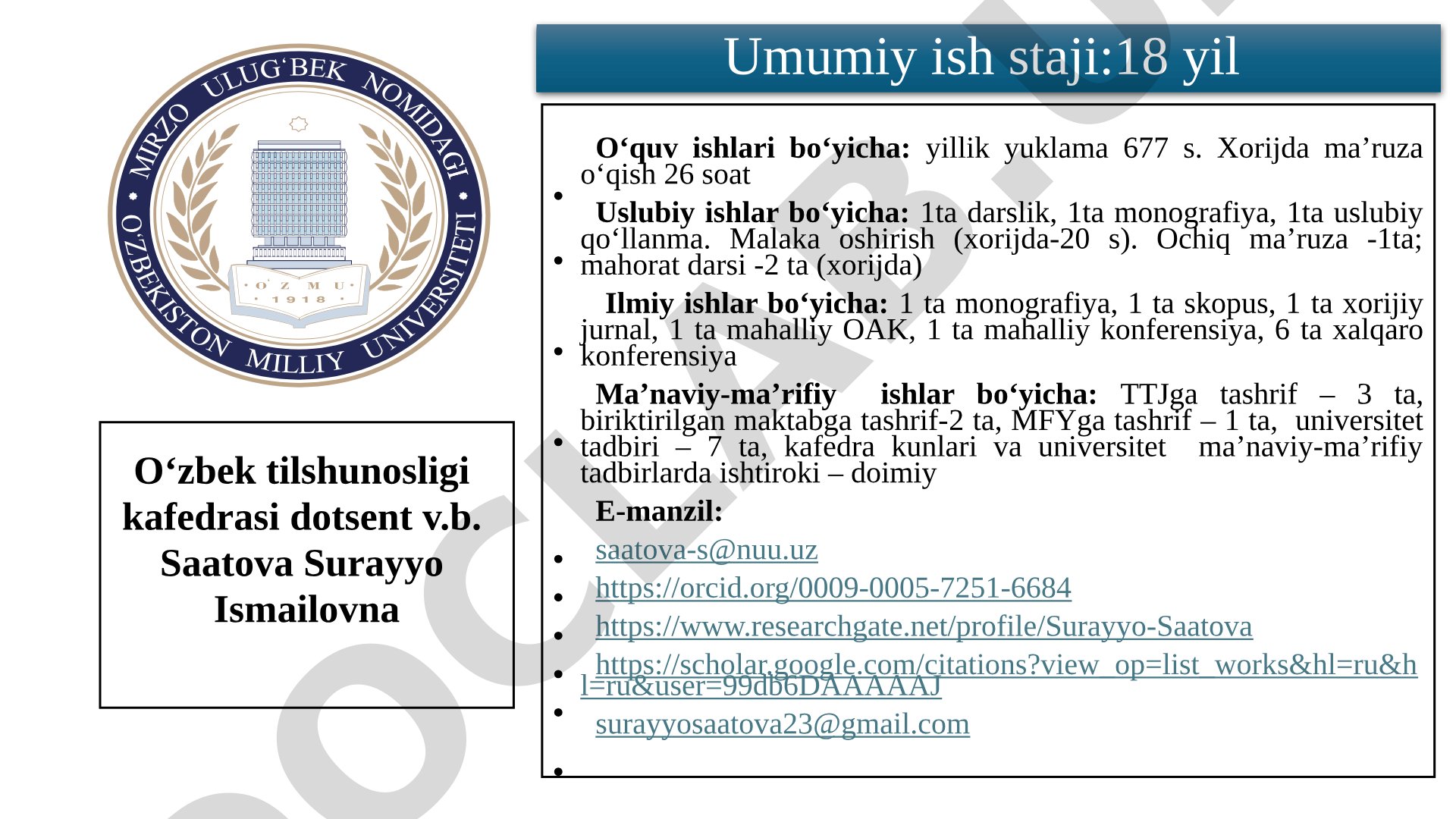 O‘zbek tilshunosligi kafedrasi dotsent v.b. Saatova Surayyo Ismailovna