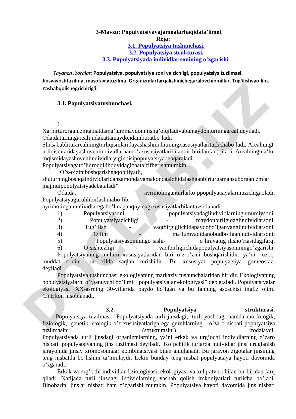 Populyatsiya va jamoalar haqida ta'limot