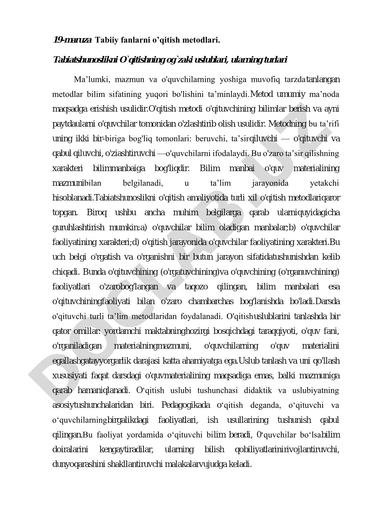 Tabiatshunoslikni o'qitishning og'zaki uslublari