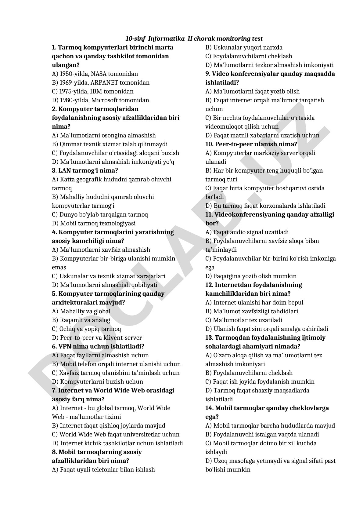 10-sinf Informatika II chorak monitoring test