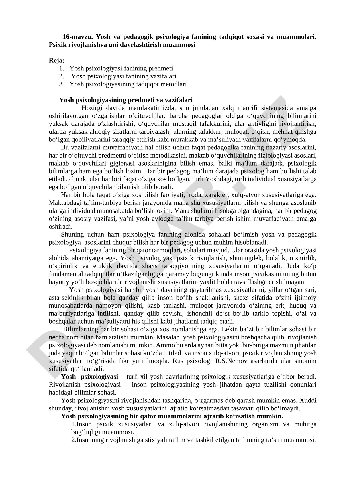 Yosh va pedagogik psixologiya fanining tadqiqot sohasi va muammolari