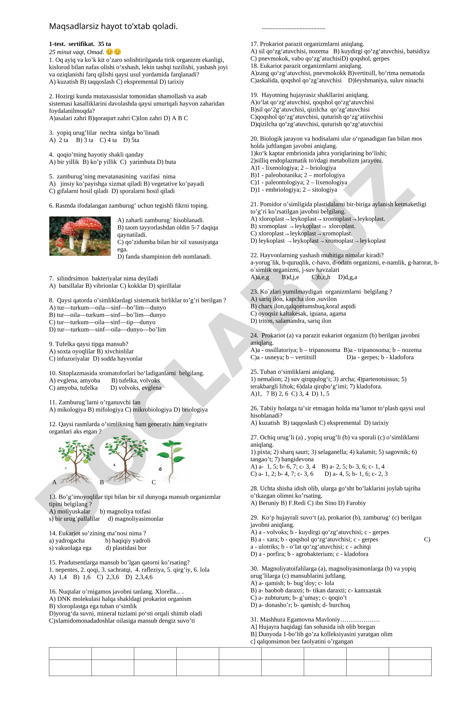 Biologiyadan sertifikat test savollari