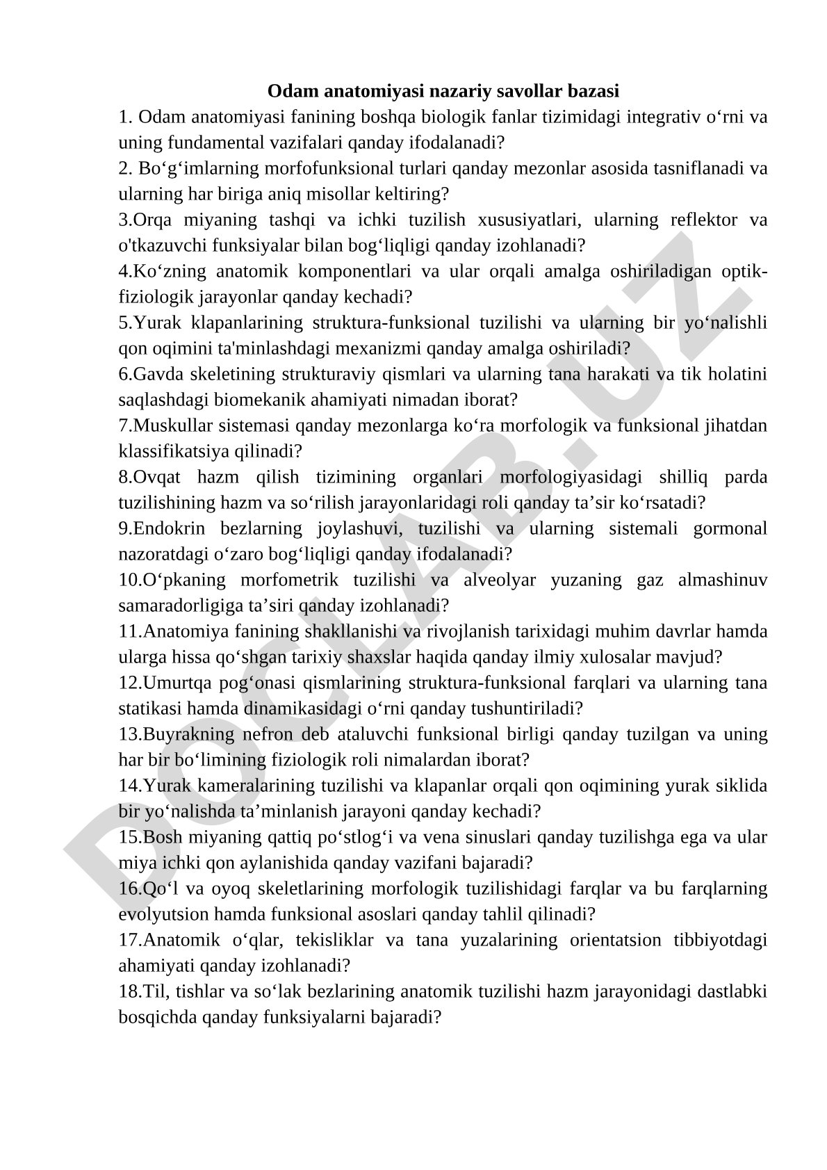 Odam anatomiyasi nazariy savollar bazasi