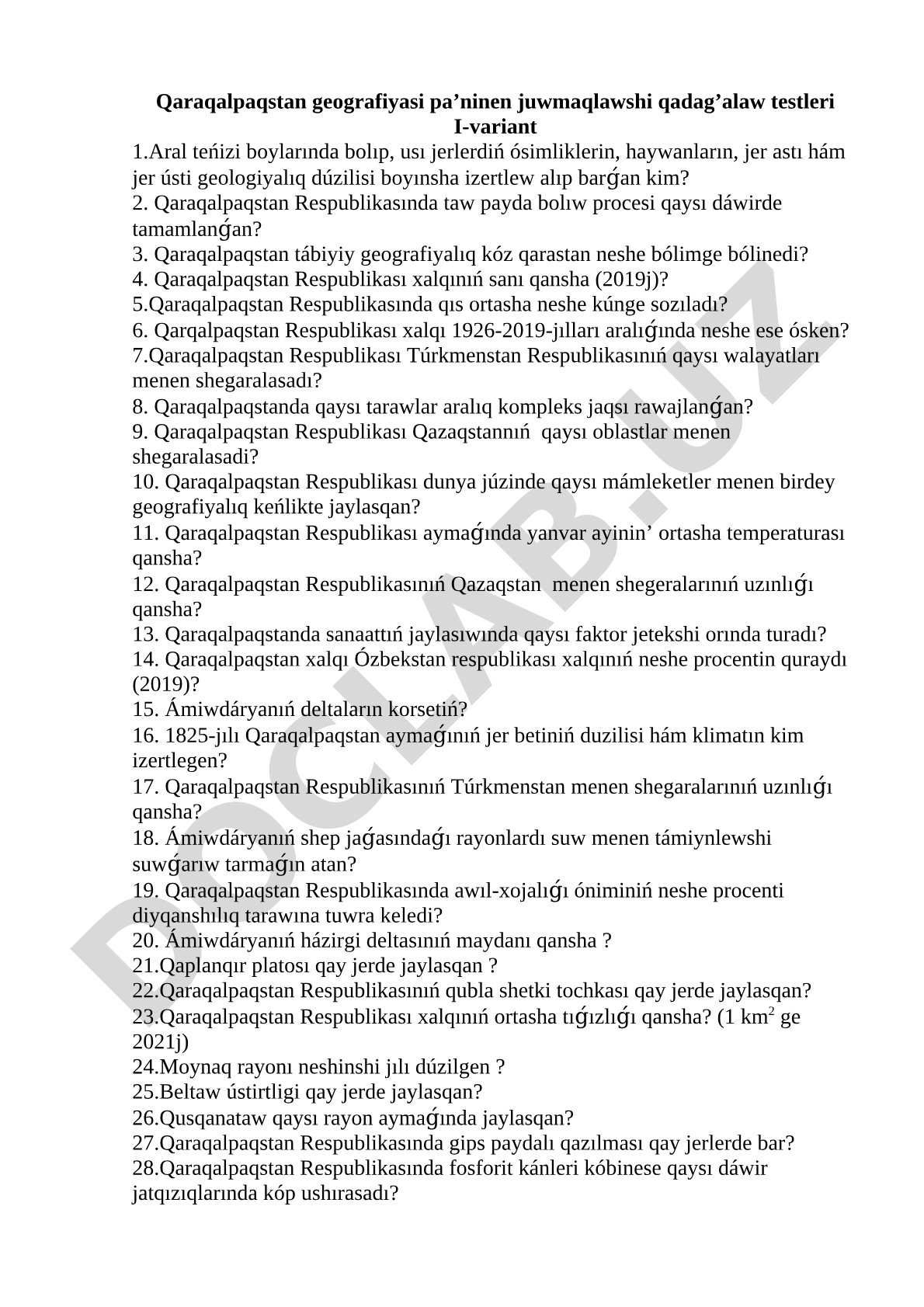 Qaraqalpaqstan geografiyası boyınsha testler