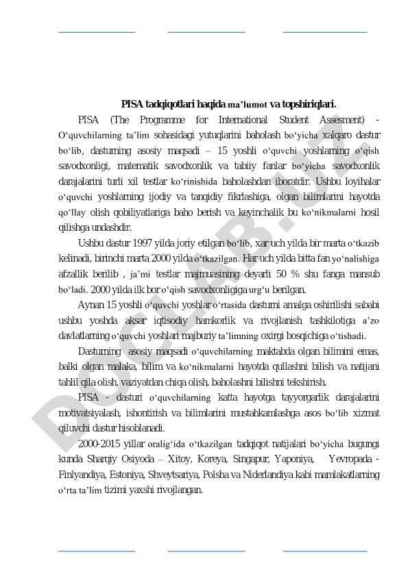 PISA tadqiqotlari haqida ma'lumot va topshiriqlari