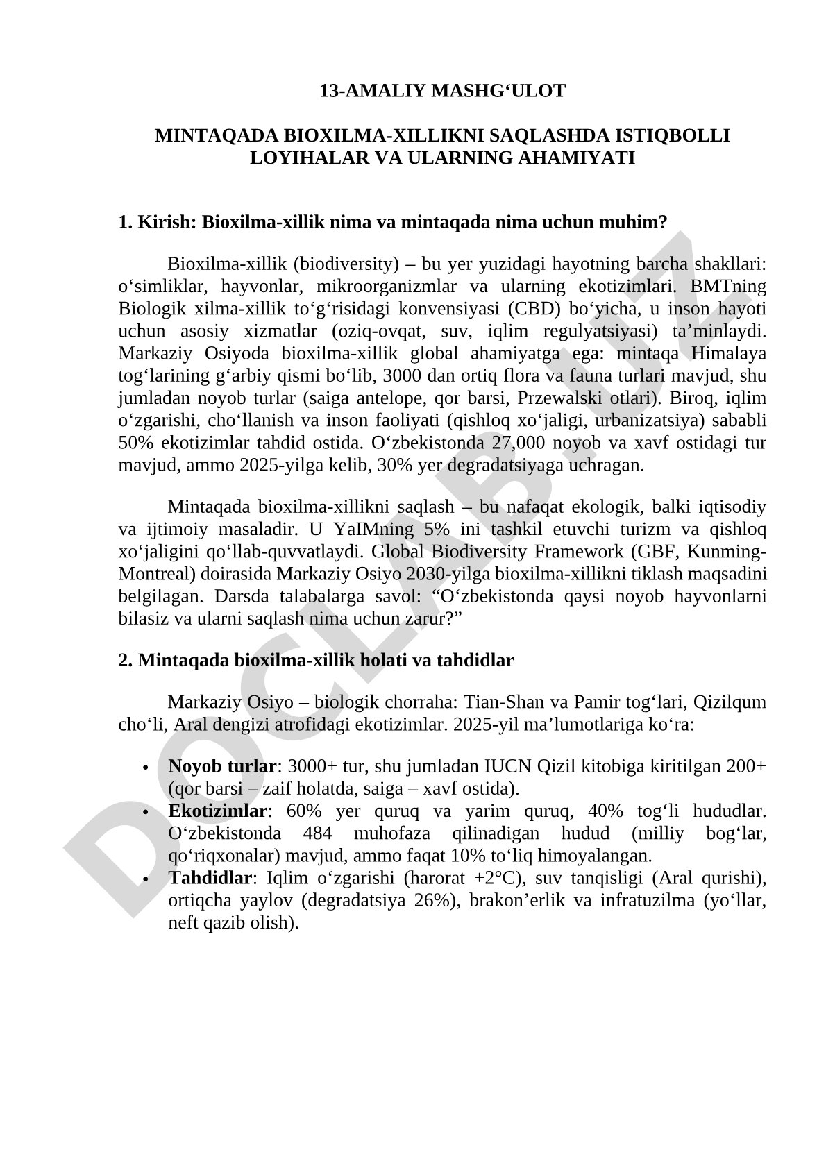 Mintaqada bioxilma-xillikni saqlashda istiqbolli loyihalar va ularning ahamiyati