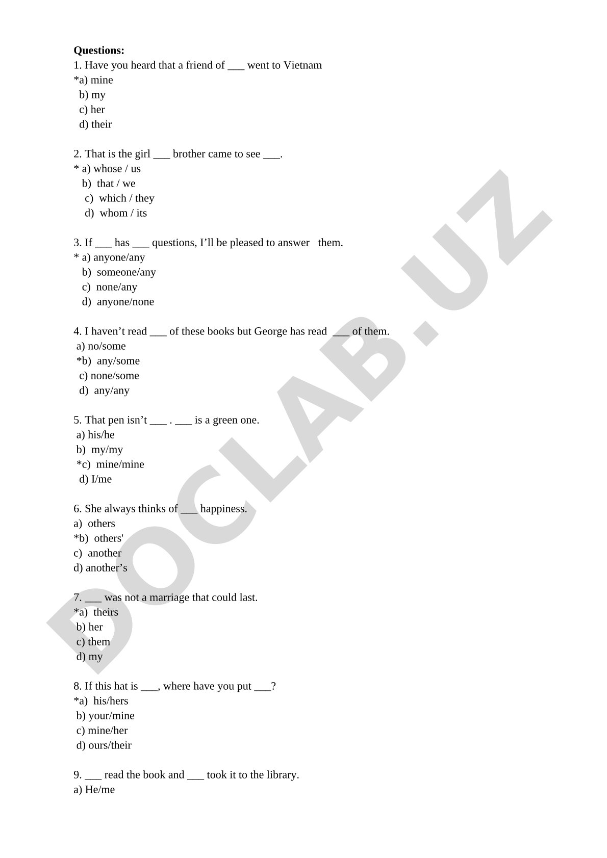 English Pronouns Multiple Choice Questions