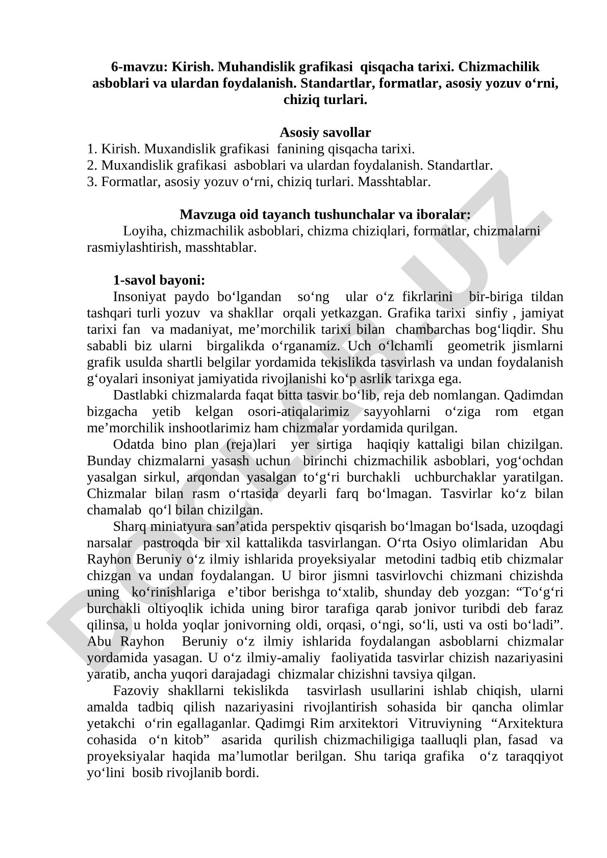 Muhandislik grafikasi tarixi, asboblar, standartlar, formatlar va chiziq turlari