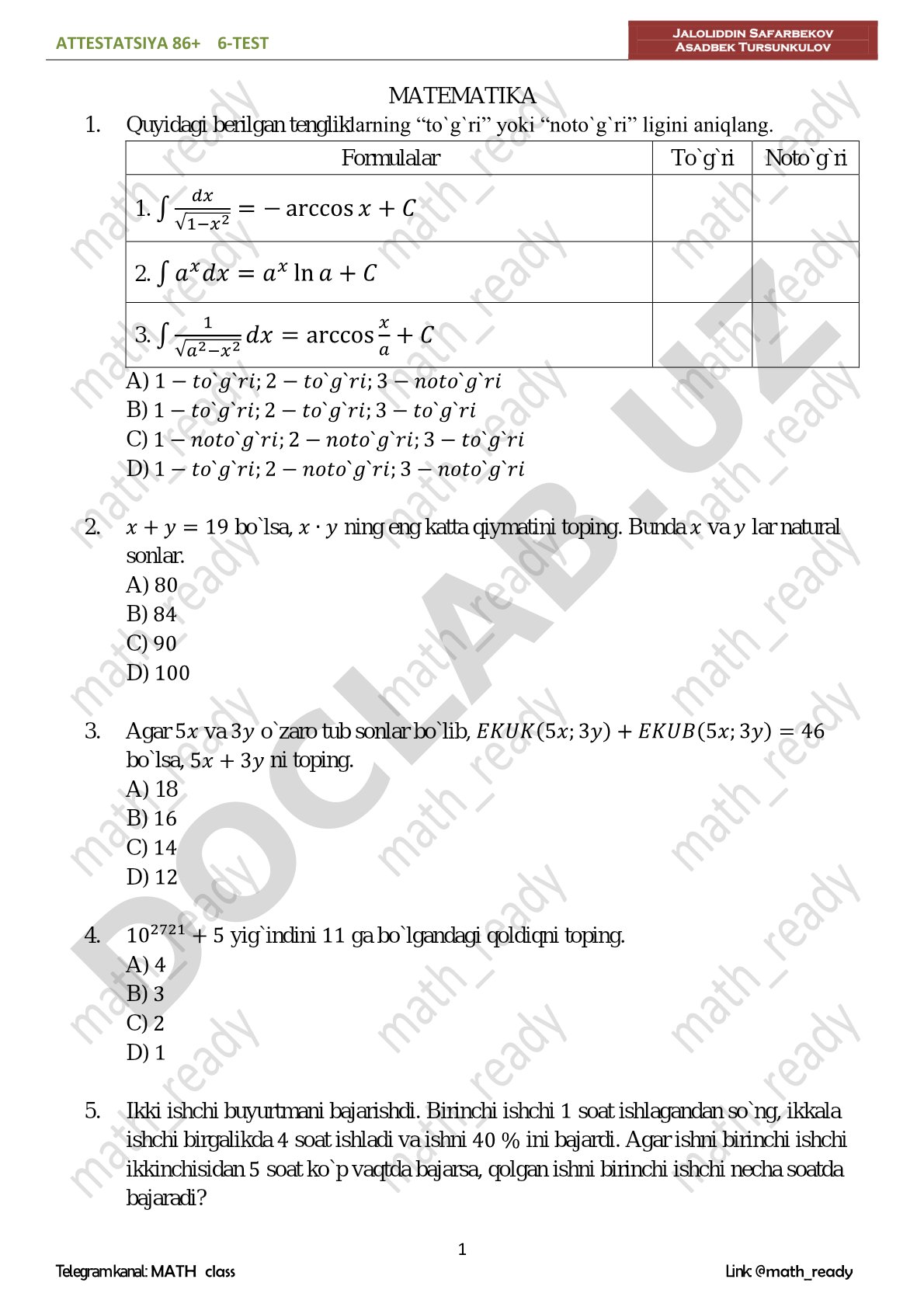 Matematika attestatsiya 86+ 6-test savollari