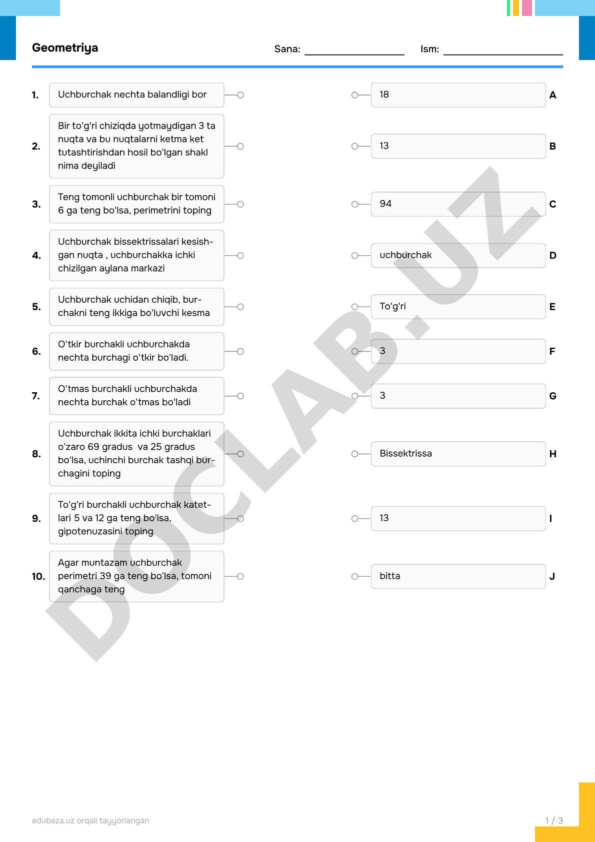 Uchburchaklar bo'yicha test savollari