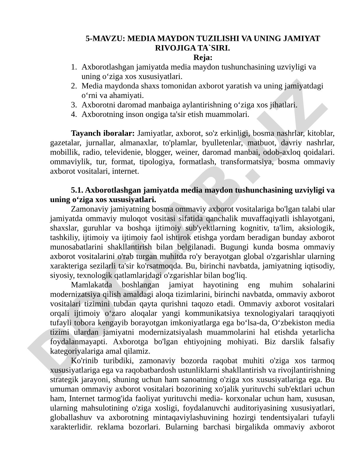 MEDIA MAYDON TUZILISHI VA UNING JAMIYAT RIVOJIGA TA`SIRI