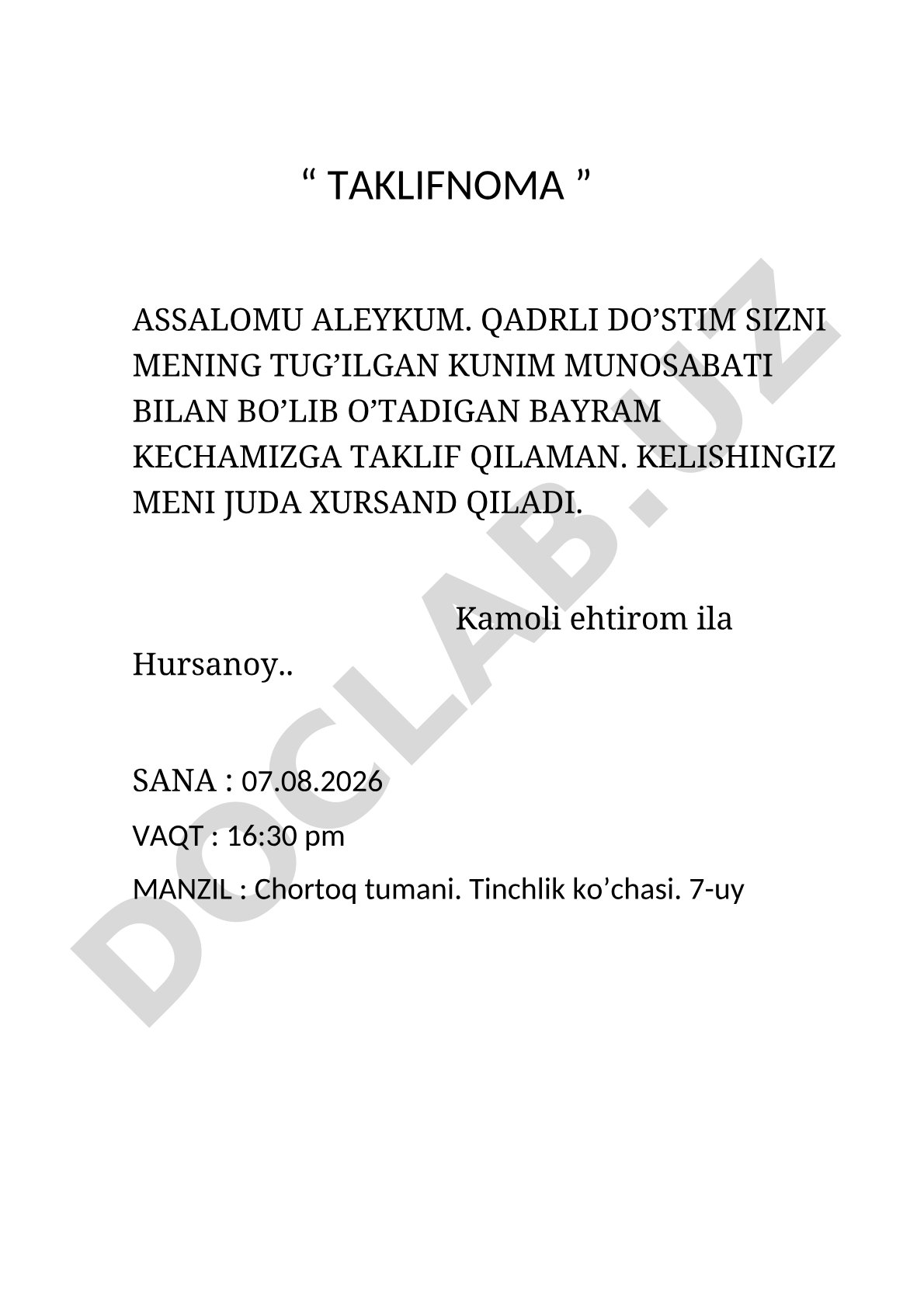 Tug'ilgan kun bayramiga taklifnoma: sana, vaqt, manzil ko'rsatilgan