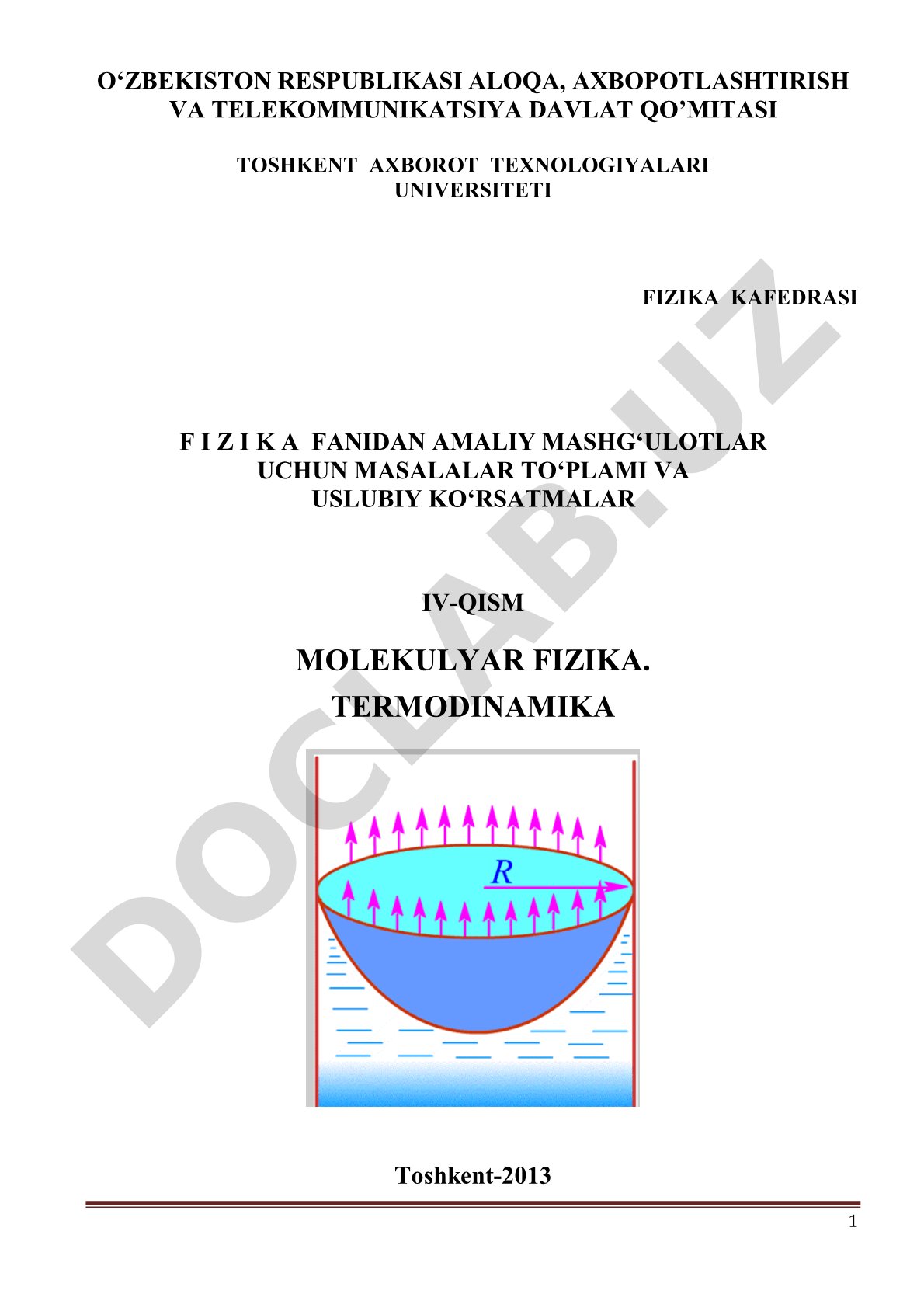 Molekulyar fizika va termodinamika fanidan masalalar to'plami