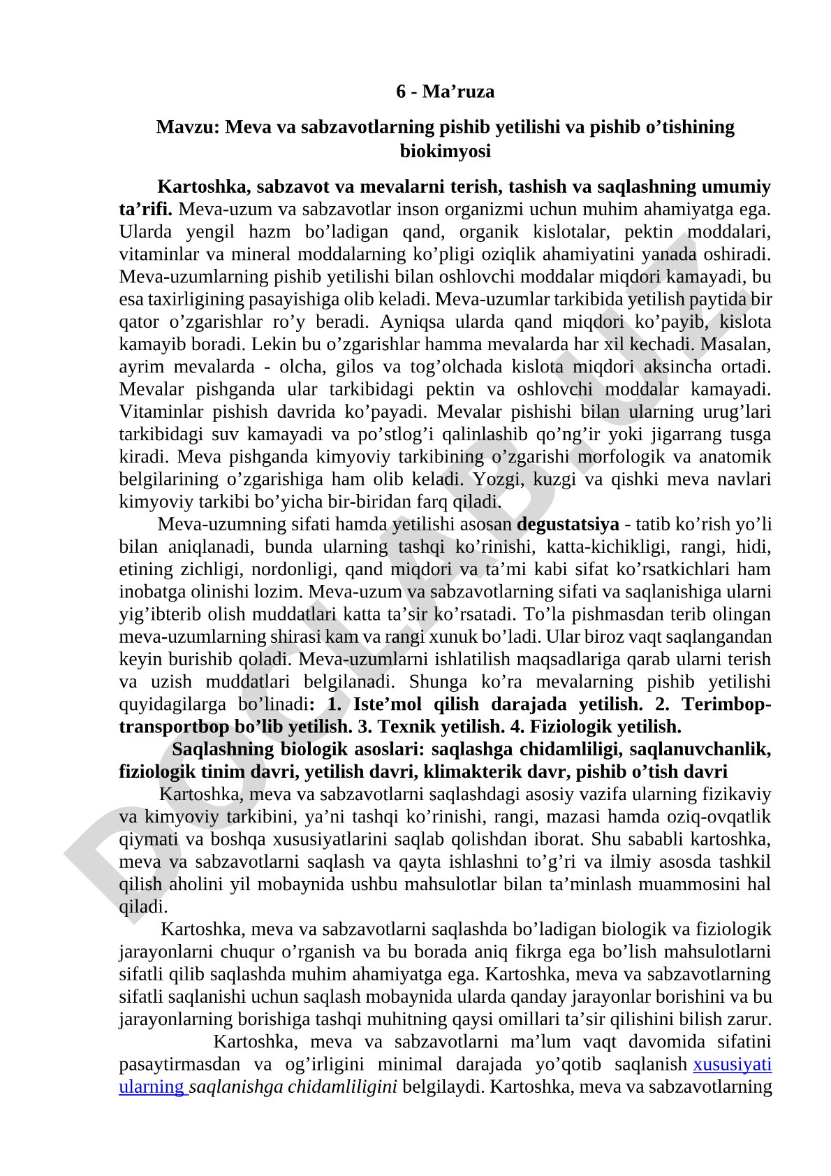Meva va sabzavotlarning pishib yetilishi va pishib o’tishining biokimyosi