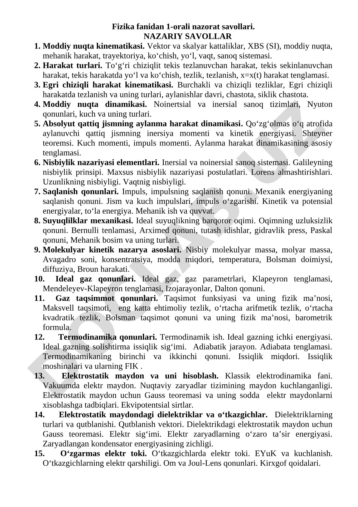 Fizika fanidan 1-orali nazorat savollari