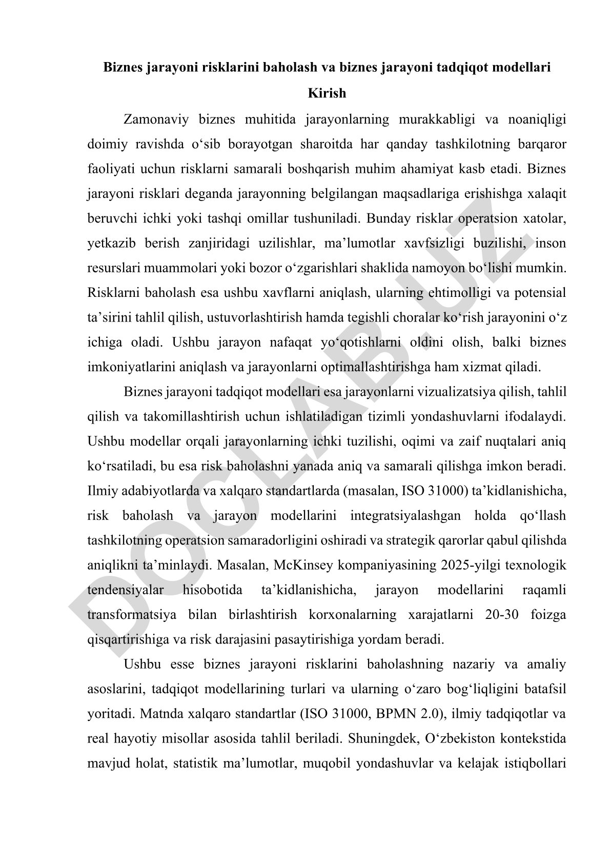Biznes jarayoni risklarini baholash va tadqiqot modellari