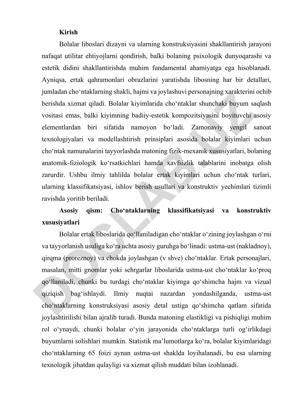 Bolalar ertak liboslari uchun cho'ntaklarning klassifikatsiyasi va konstruktiv xususiyatlari
