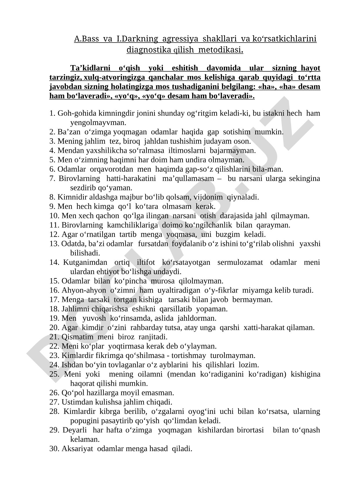 A.Bass va I.Darkning agressiya shakllari va ko‘rsatkichlarini diagnostika qilish metodikasi