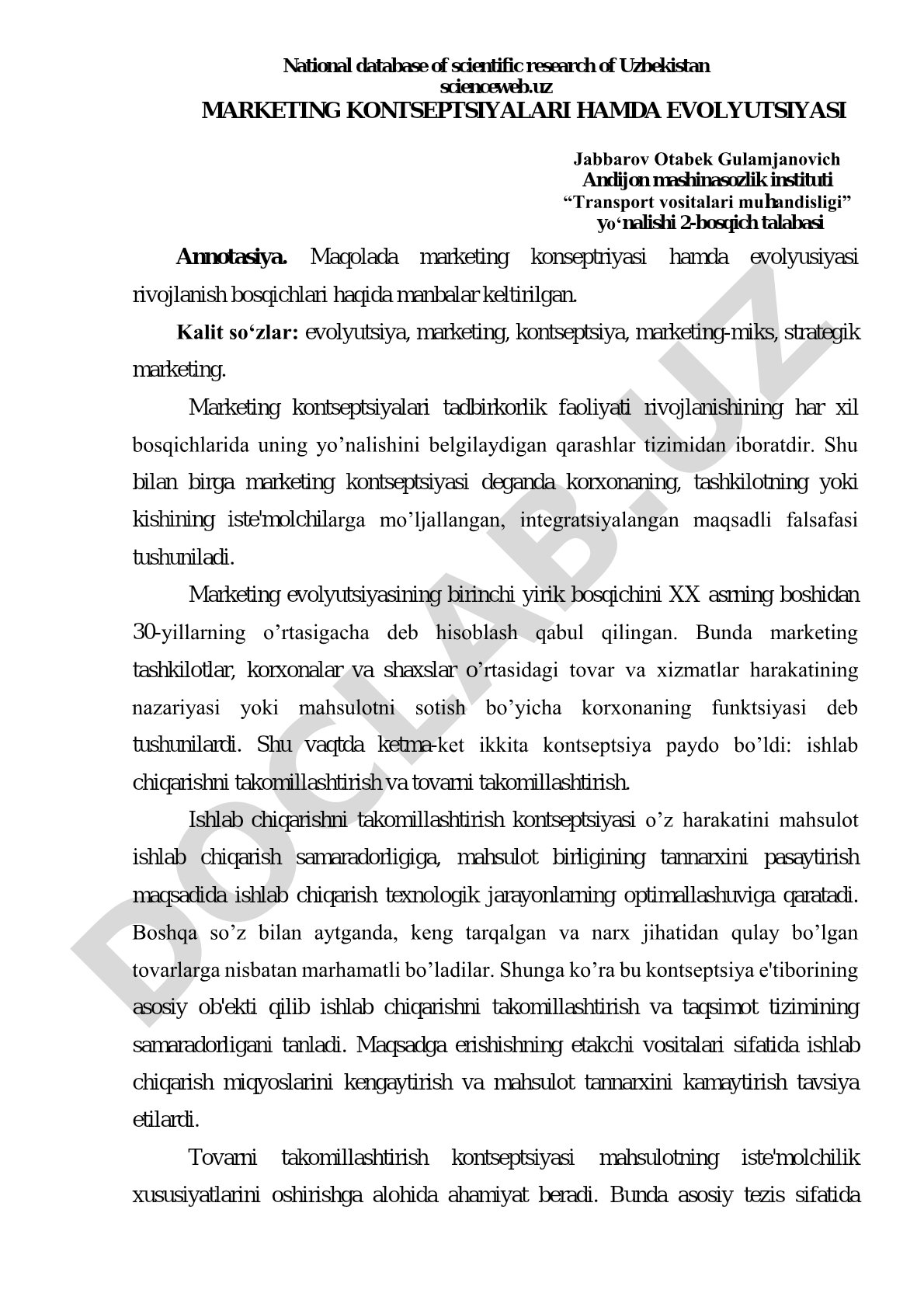 Marketing kontseptsiyalari hamda evolyutsiyasi