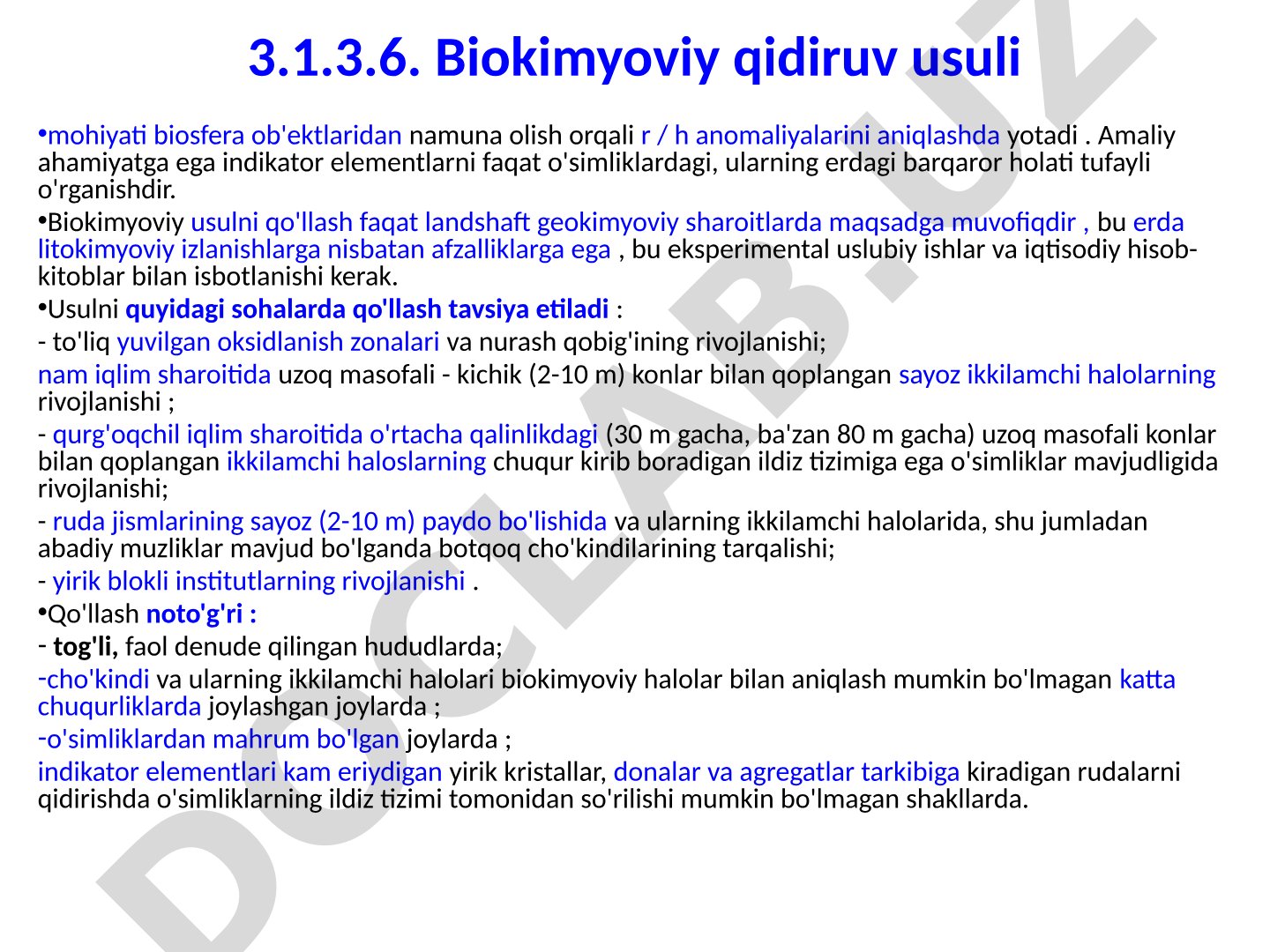 Biokimyoviy qidiruv usuli mohiyati va qo'llanilishi