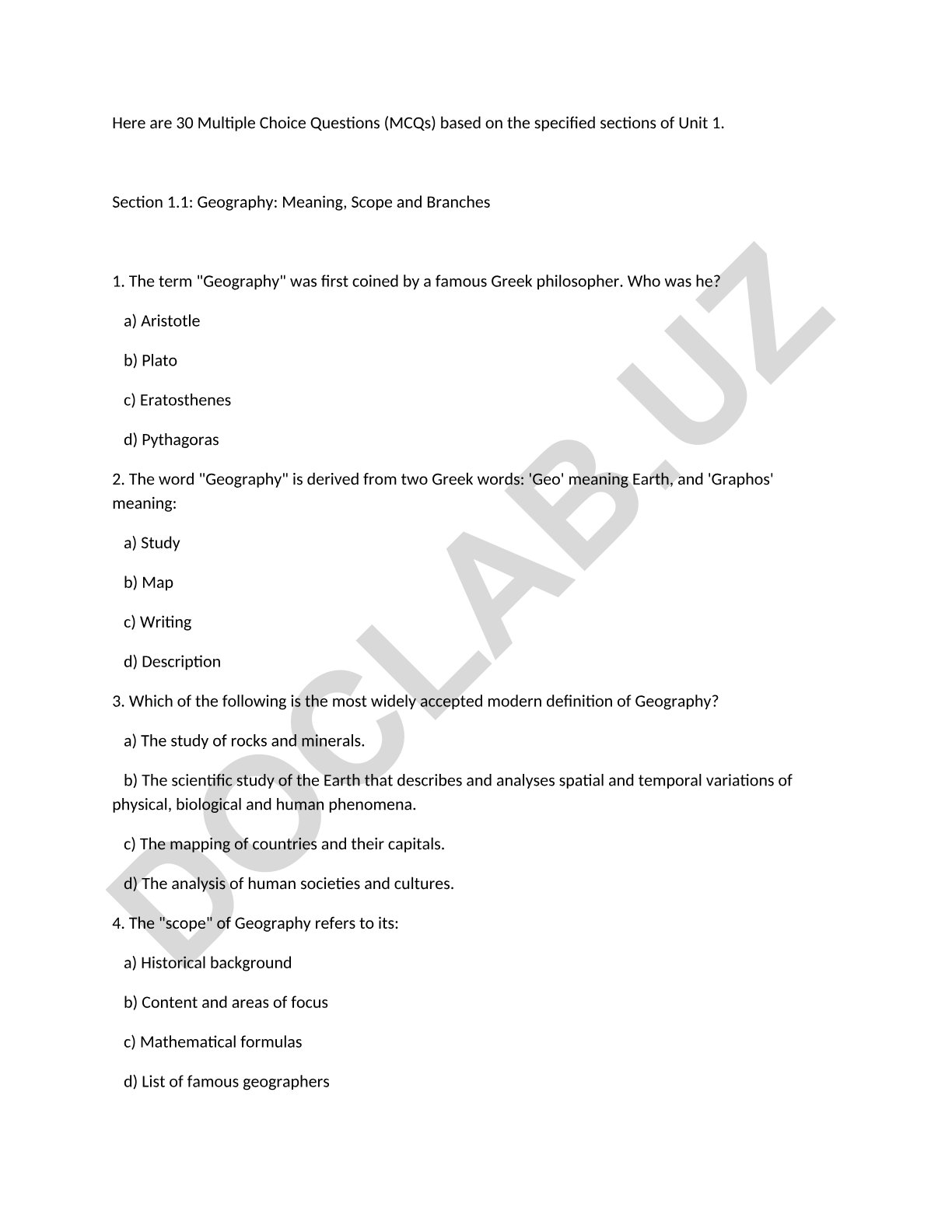 Geography: Meaning, Scope and Branches ko'p tanlovli test savollari