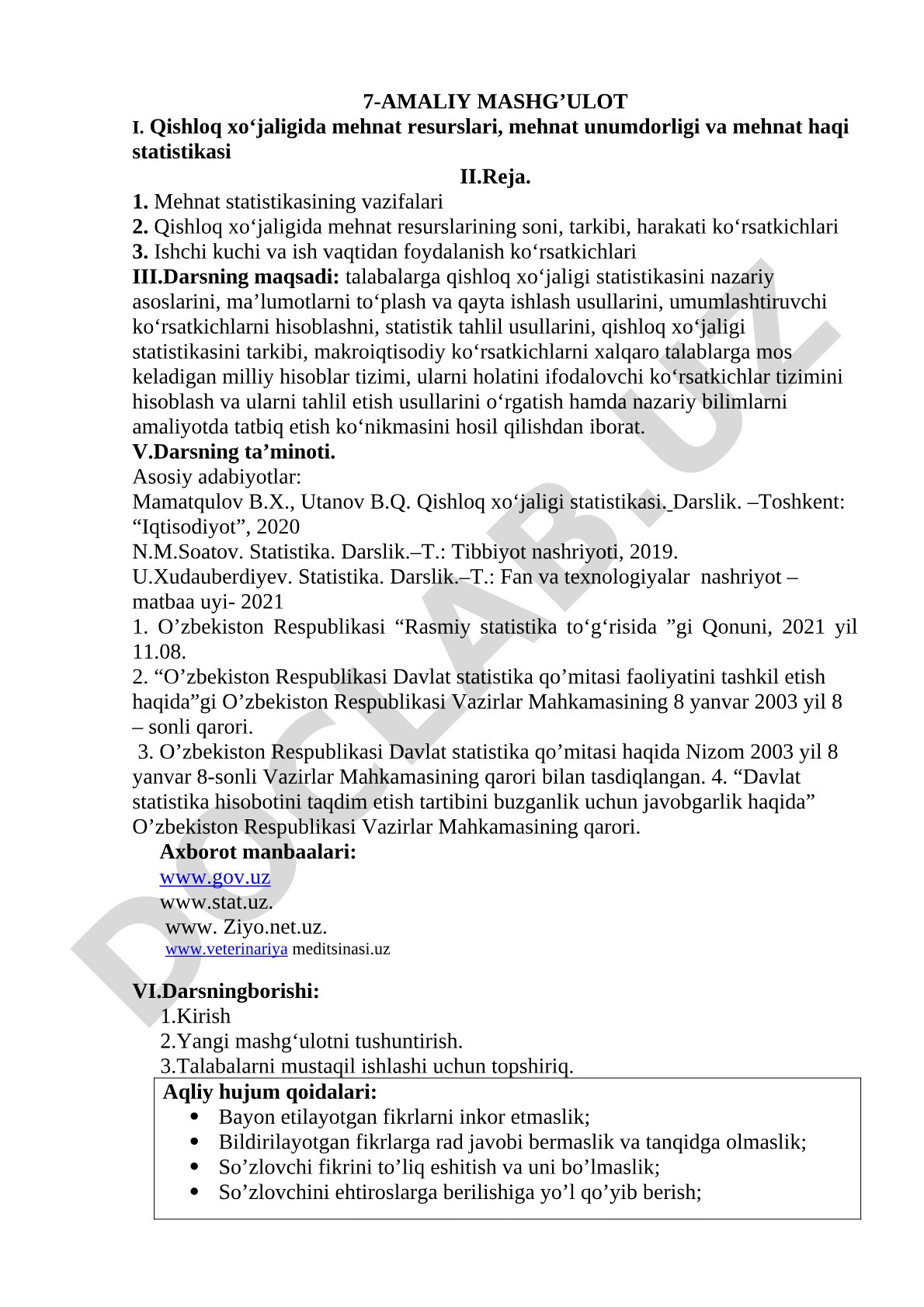 Qishloq xo‘jaligida mehnat resurslari, mehnat unumdorligi va mehnat haqi statistikasi