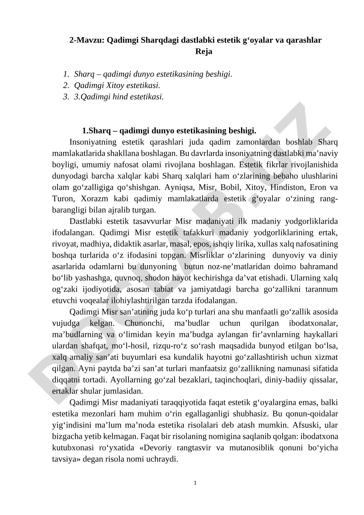 Qadimgi Sharqdagi dastlabki estetik g‘oyalar va qarashlar