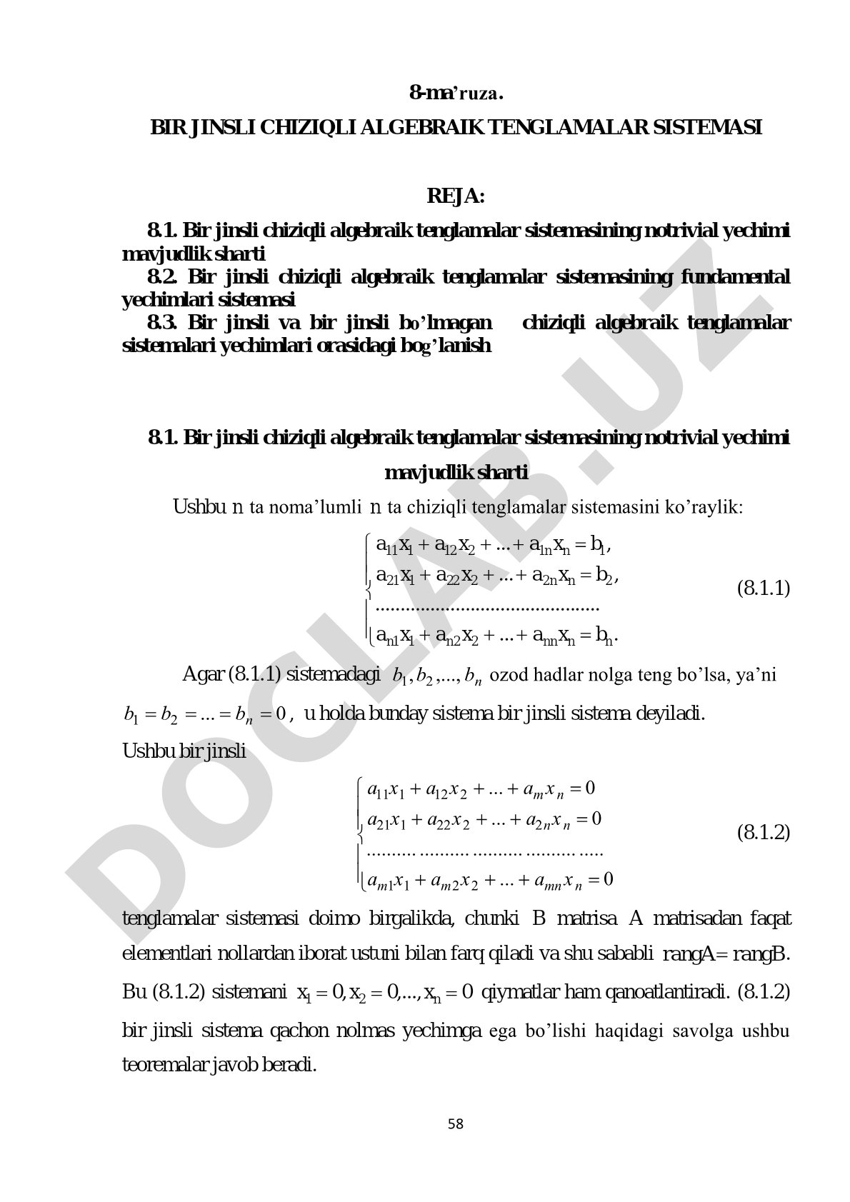 Bir jinsli chiziqli algebraik tenglamalar sistemasi