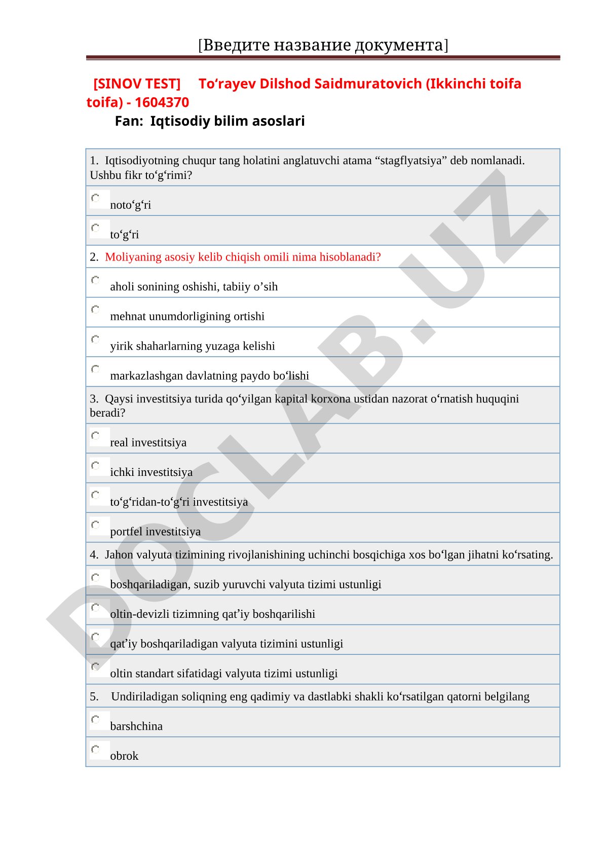 Iqtisodiy bilim asoslari fanidan sinov test savollari