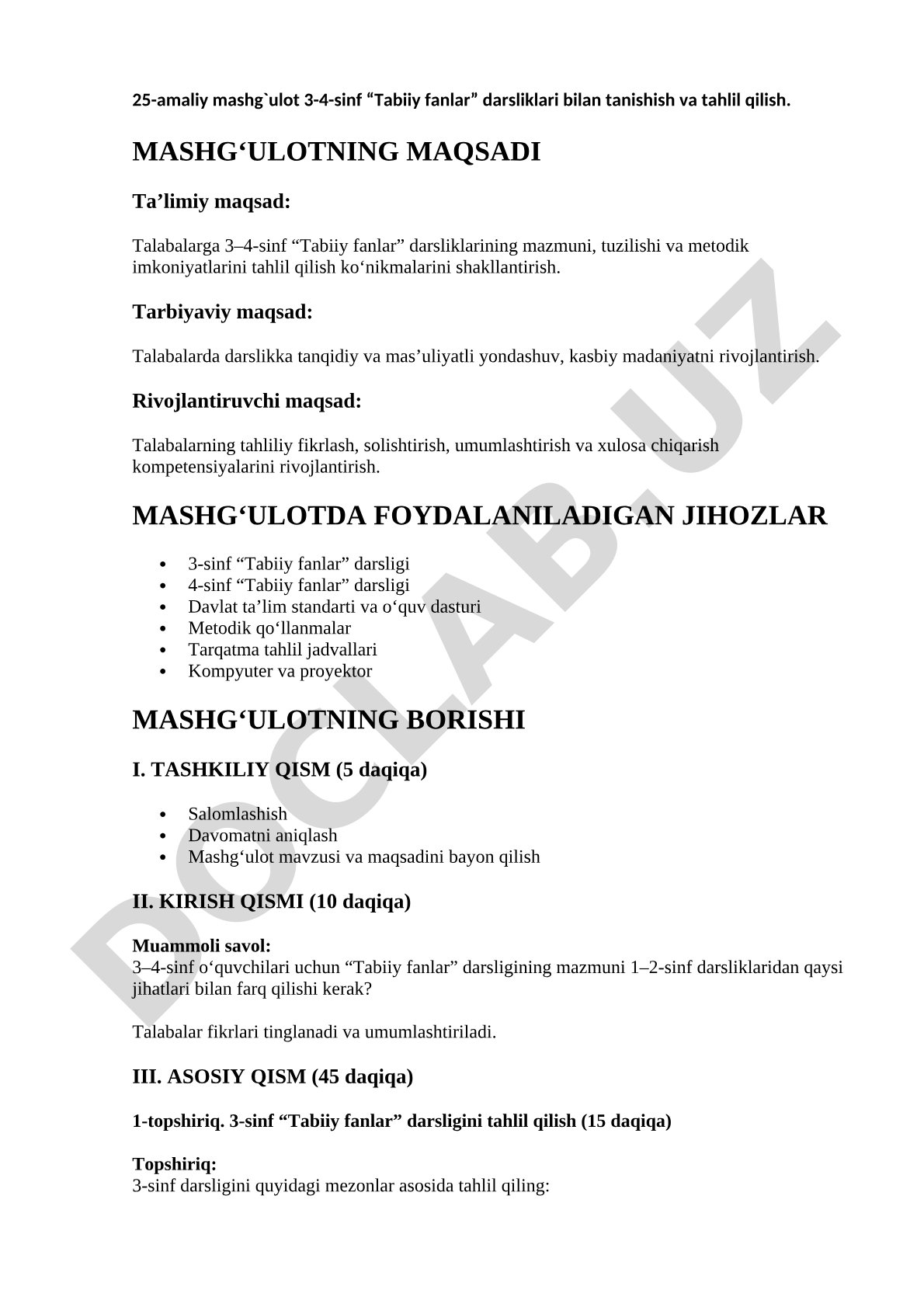 3-4-sinf Tabiiy fanlar darsliklari bilan tanishish va tahlil qilish