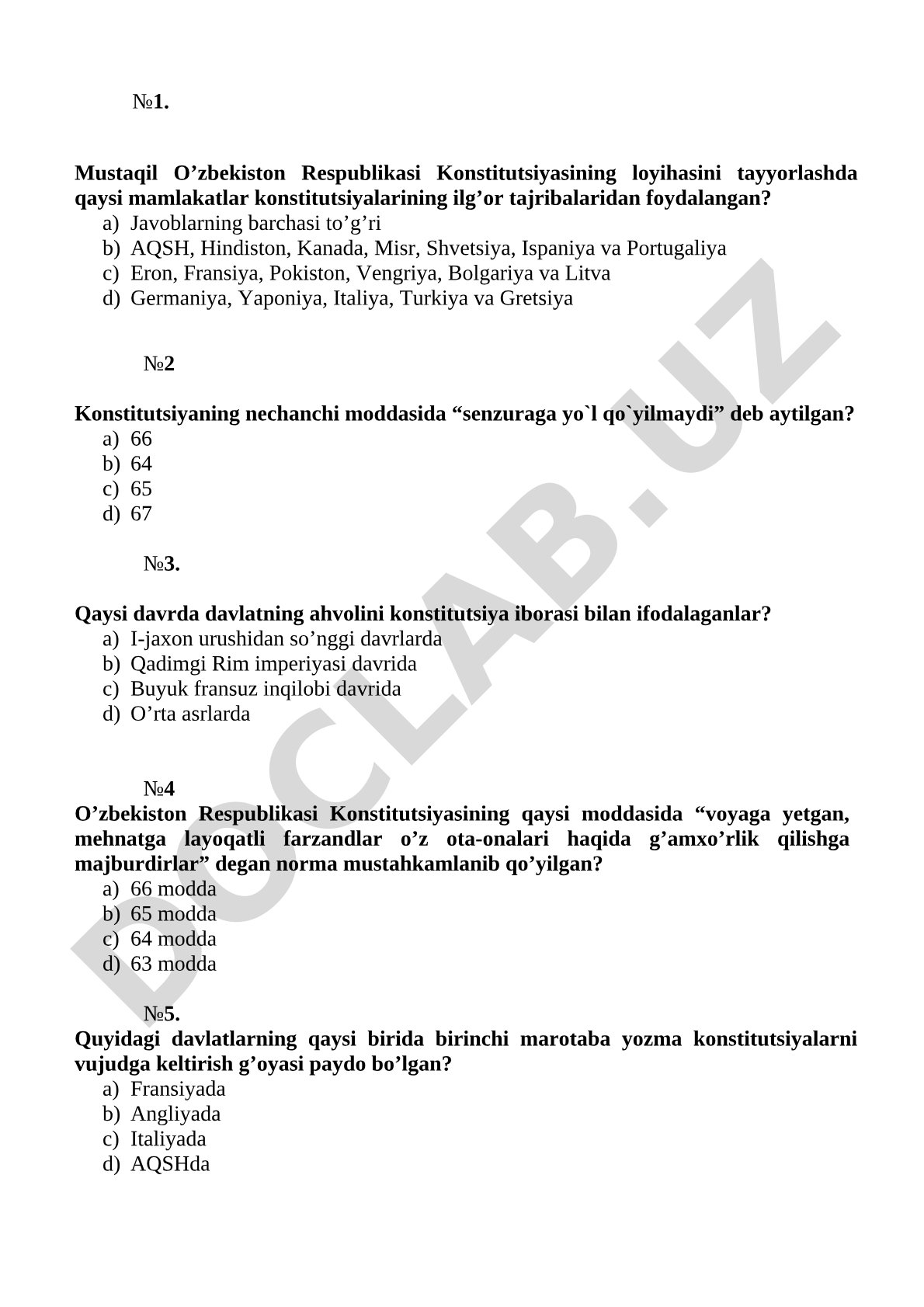 O'zbekiston Konstitutsiyasi bo'yicha test savollari