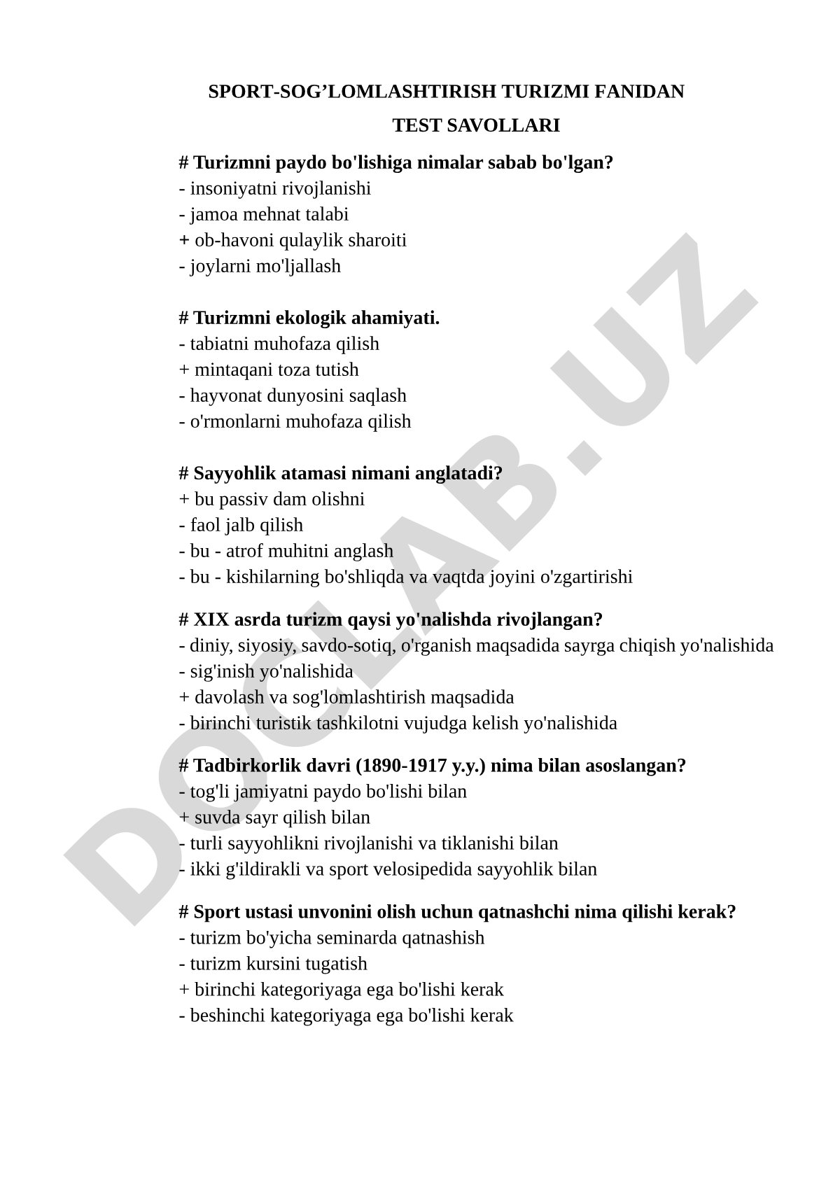 Sport-sog’lomlashtirish turizmi fanidan test savollari