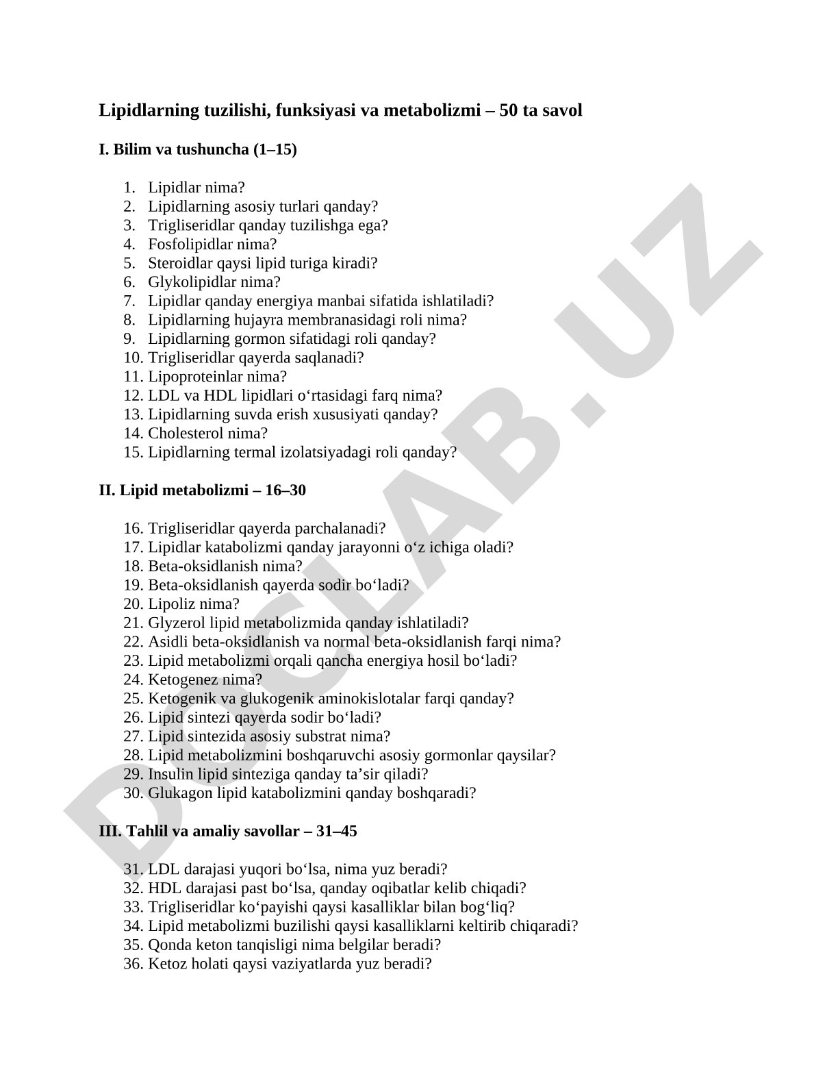 Lipidlarning tuzilishi, funksiyasi va metabolizmi – 50 ta savol