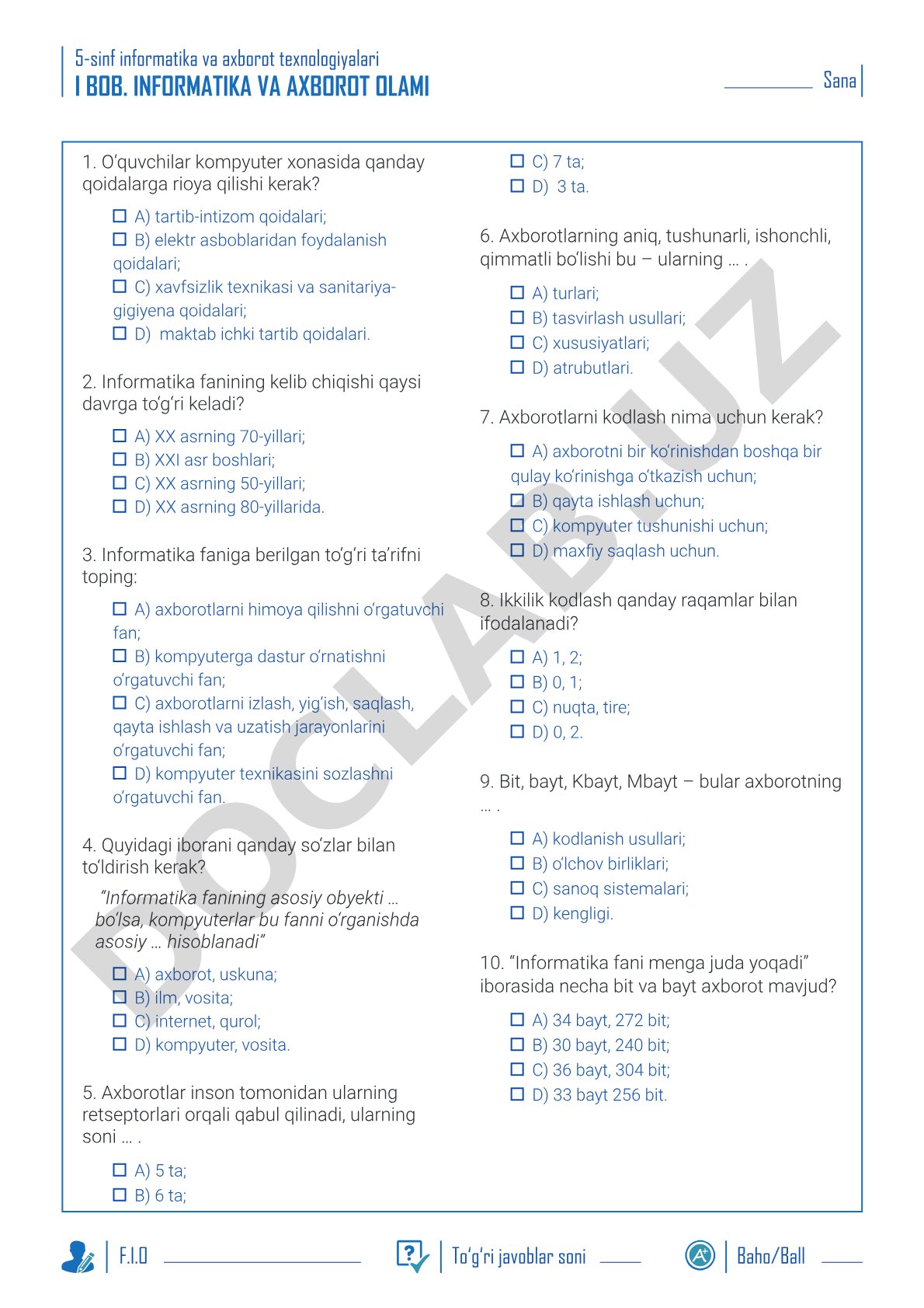 Informatika va axborot texnologiyalari 5-sinf test