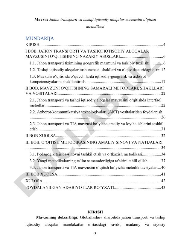 Jahon transporti va tashqi iqtisodiy aloqalar mavzusini o‘qitish metodikasi