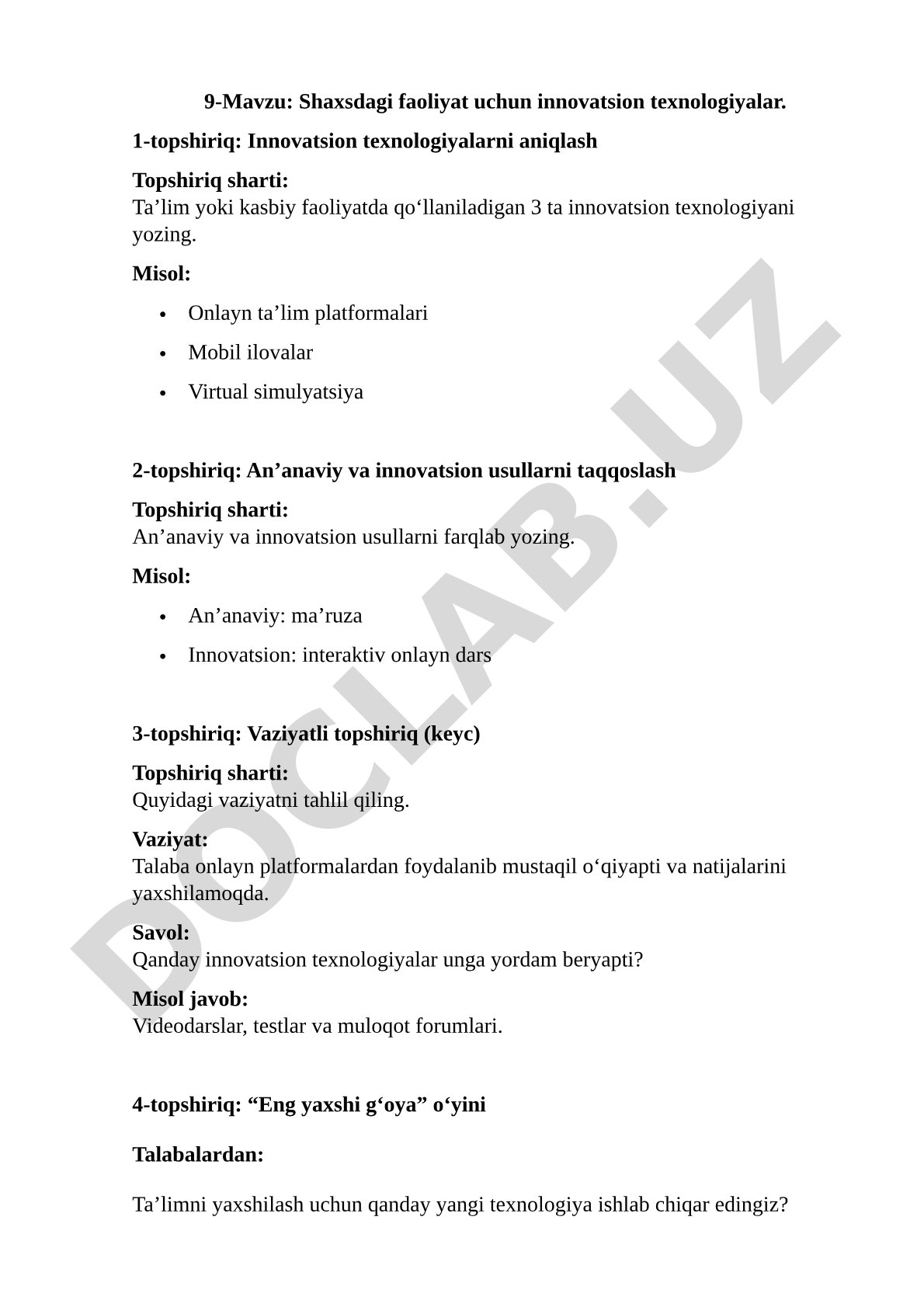 Shaxsdagi faoliyat uchun innovatsion texnologiyalar